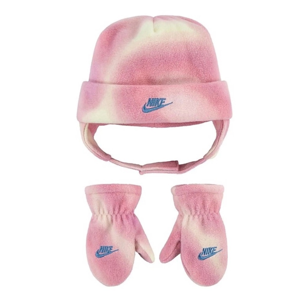 Nike Kids Pink and White Fleece Hat and Mittens